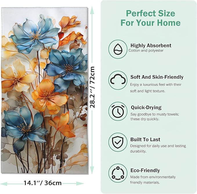 Colorful Abstract Teal Flower Cotton Towels - Set of 2 Soft Kitchen & Bathroom Hand Towels - 14"X28"