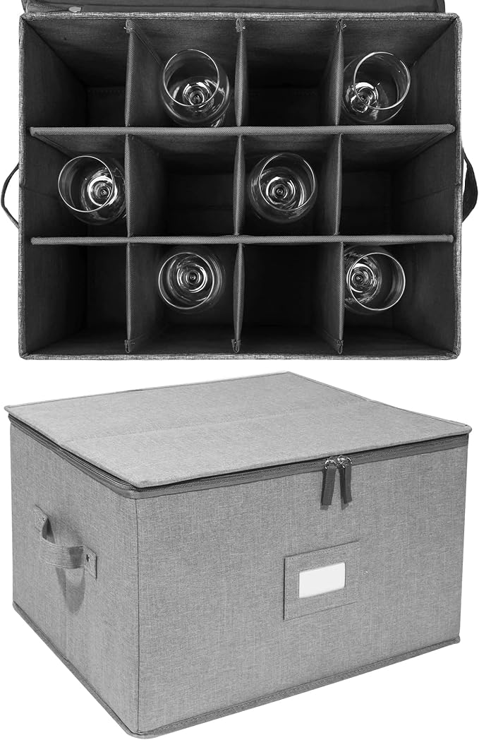 popoly Stemware Storage Cases, Wine Glass Storage Box Containers with Dividers, Stackable China Storage Containers for 12 Wine Glasses, Drinkware, Glassware or Crystal (Light Grey)