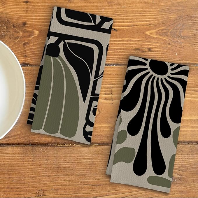 Sage Green Groovy 70s Retro Kitchen Towels Set of 2 - Boho Floral Dish Towels for Kitchen, Boho Hand Towels for Bathroom, Boho Sage Green Bathroom Kitchen Decor, 16x24 Inches