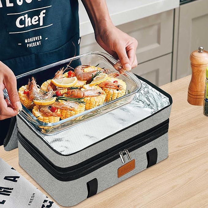 LHZK Double Insulated Casserole Carrier for Hot or Cold Food, Lasagna Holder Tote for Potluck Parties, Beach, Picnic, Travel, Fits 11x15 or 9x13 Dish (Grey)