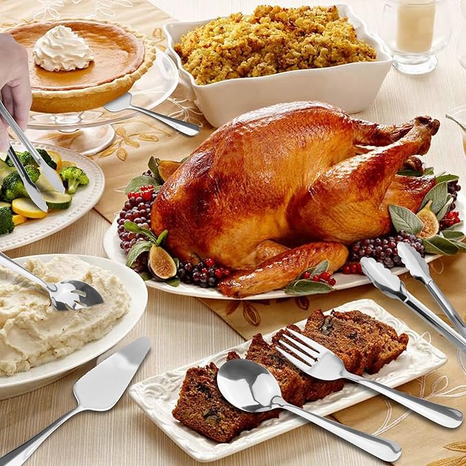 Serving Utensils, XEVOM 6-Piece Stainless Steel Serving Utensil Set Include Serving Spoon, Slotted Serving Spoon, Serving Fork,Serving Tong, Appetizers Tong,Pie Server (Silver), Regular