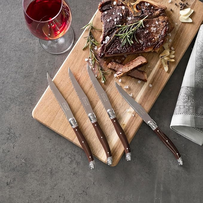 French Home Laguiole 4-Piece Steak Knife Set – Sophisticated Stainless Steel Dinner Knives with Chocolate Brown Handles & Iconic Bee Emblem – Serrated Knives for Smooth Cutting (9.25")