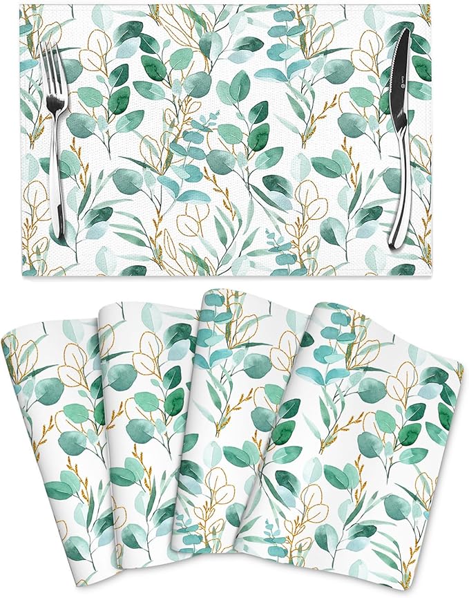 Sage Green Leaves Placemats Set of 4 Cute Botanical Dining Table Mats Washable Place Mats for Kitchen Dinner Spring Summer Parties Wedding Decorative 12"x18"