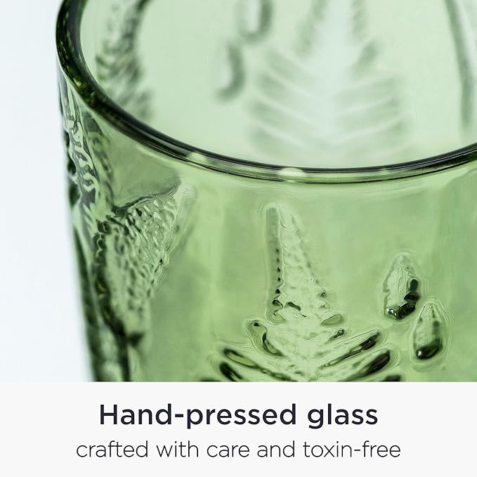 Vintage Green Drinking Glasses Set of 4, 16 oz Handcrafted Glass Tumblers, Heavy Textured Highball Cups, Fern Embossed Antique Colored Glassware, Retro Boho Aesthetic Drinkware, Housewarming Gift Set
