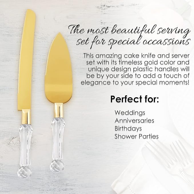 wedding knife and server set gold, Gold Cake Cutter and Pie Spatula, Cake Server and Knife Set of 2 with Crystal Handles, 1.2mm Thick Blades,Cake Cutting Set for Wedding Cake, Birthdays, and Parties