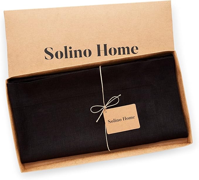 Solino Home Black Linen Tablecloth 52 x 52 Inch - 100% Pure Linen Square Table Throw - Fete, Machine Washable Table Cloth for Winter, Holiday, New Year