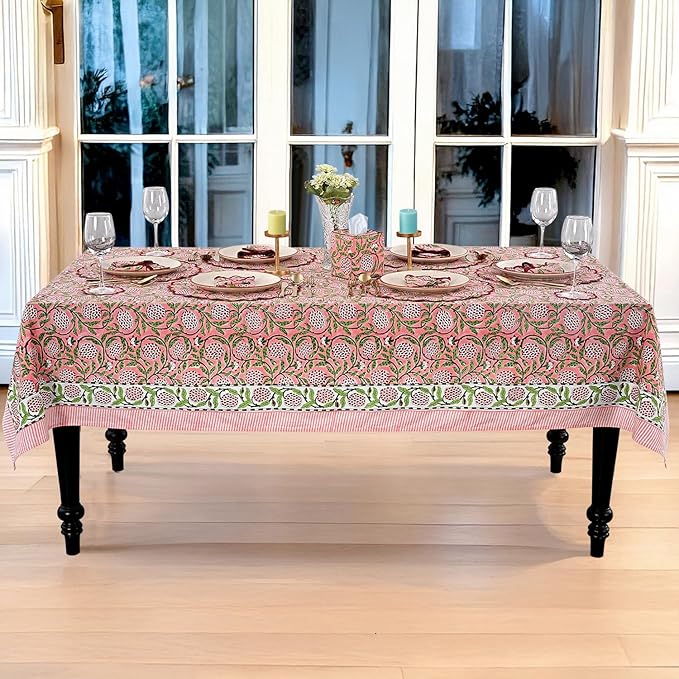 Ridhi Strawberry Pink Hand Block Print Cotton Rectangle Tablecloth 108" x 70" inches Reusable Table Cover Decorative Everyday Use for Dining, Farmhouse, Home, Party, Festive, Wedding, Fall