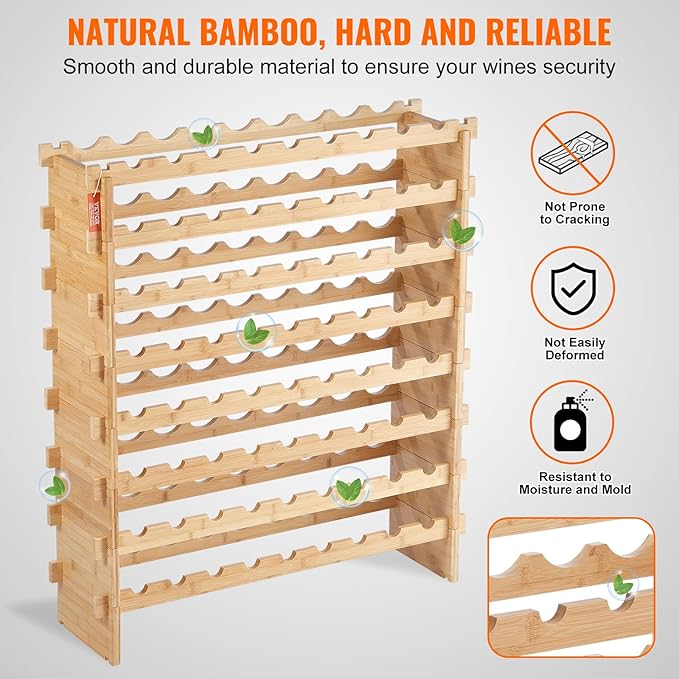 VEVOR 72 Bottle Upgrade Modular Wine Rack, Continuously Store Pinot Bottles, 8-Tier Bamboo Wood Storage Rack, Floor Freestanding Wines Holder Display Shelf, Wobble-Free Shelves for Kitchen Bar Cellar