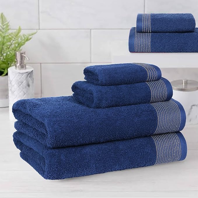 Belizzi Home 100% Cotton Ultra Soft 6 Pack Towel Set, Contains 2 Bath Towels 28x55 inchs, 2 Hand Towels 16x24 inchs & 2 Washcloths 12x12 inchs, Compact Lightweight & Highly Absorbant - Navy Blue