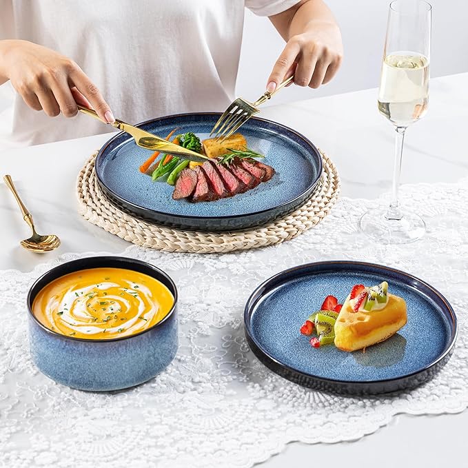 LERATIO Ceramic Dinnerware Sets for 4,Round Reactive Glaze Ceramic Plates and Bowls Set,Highly Chip and Crack Resistant | Dishwasher & Microwave Safe Dishes Set,Service for 4 (12pc)-Blue