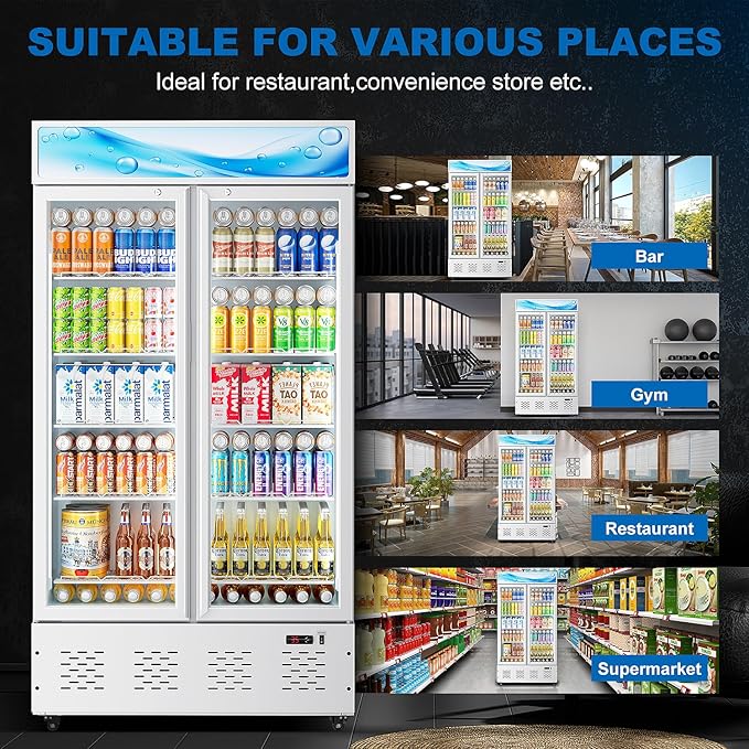 30 Cu.ft Commercial Beverage Refrigerators Glass Door Refrigerator Commercial with LED Light and 10 Shelves, Display Refrigerator for Restaurant Store Cafe Bar, White