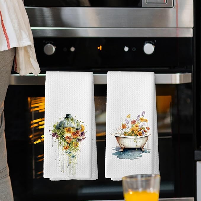 Botanical Bathroom Towels Set of 2, Floral Bathroom Cottagecore Hand Towel, Flower Bathtub Shower Room Washroom Restroom Decorative Tea Towel Dish Towels 16x24 Inch