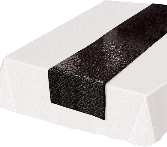 Beistle Sequined Fabric Table Runner Awards Night Decorations New Year's Eve Party Supplies Bridal Tableware, 11.25" x 75", Black