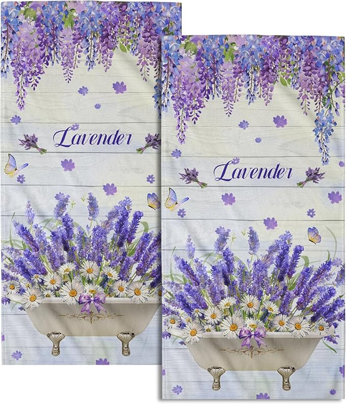 Imiss Lavender Flowers Towel 14.4 x 28.3 Inch - Purple Floral Butterfly Farmhouse Washcloth Set of 2, Rustic Wooden Decorative Kitchen Dishcloth Towel for Home,Gym,Spa,Hotel