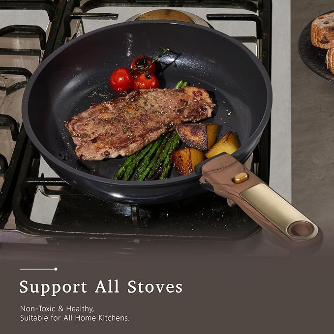 CAROTE 15Pcs Ceramic Cookware Set, Pots and Pans Set Non stick, Kitchen Cooking Set with Detachable Handle, Non Toxic Induction Cookware, Dishwasher/Oven Safe, PFAS Free, Black&Gold