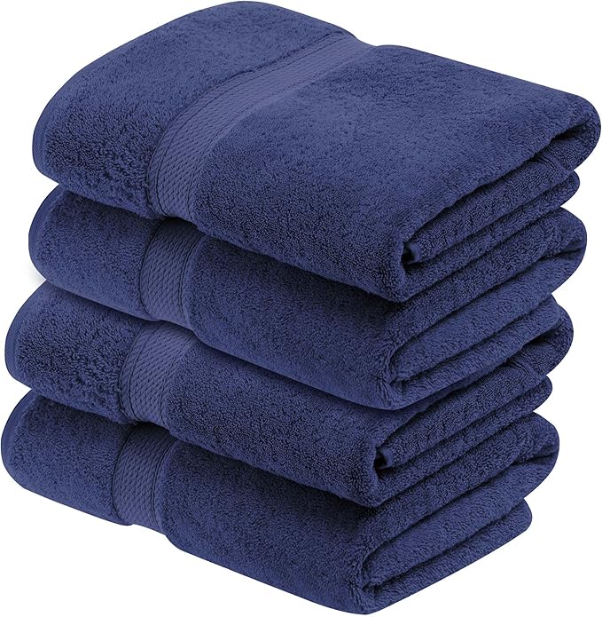 Superior Egyptian Cotton Pile Bath Towel Set of 4, Ultra Soft Luxury Towels, Thick Plush Essentials, Absorbent Heavyweight, Guest Bath, Hotel, Spa, Home Bathroom, Shower Basics, Navy Blue