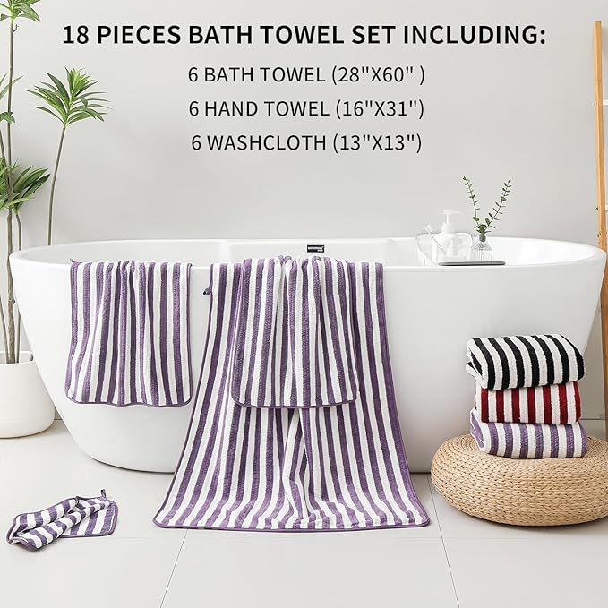 18-Piece Microfiber Bath Towels Set - 6 Bath Sheet, 6 Hand Towels, 6 Washcloths, Soft, Highly Absorbent Bathroom Towel, Quick Dry & Less Lint Shower towel for Bathroom, Hotel, Spa, Dorm-Dark Purple