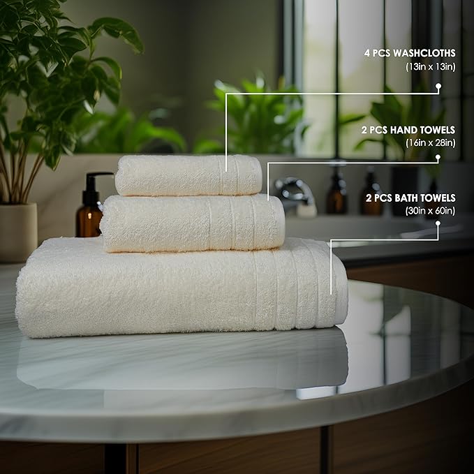 Tens Towels Pack of 8 Towels Set, 2 Extra Large Bath, 2 Hand, 4 Washcloths, 100% Cotton, Lighter Weight, Quicker to Dry, Super Absorbent, Perfect for Bathroom, Cream