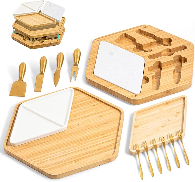 Premium Bamboo Cheese Board and Knife Set - Versatile Charcuterie Board Gift Set with High-Grade Steel Gold Cutlery, Eco-Friendly Giant Modular Design for Entertaining, Ideal for Foodies & Couples