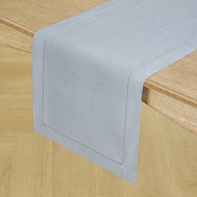 Solino Home Linen Dusty Blue Table Runner 60 Inches - Classic Hemstitch, 100% Pure Linen Coffee Table Runner 14 x 60 Inch Ideal for Dresser Tables - Winter