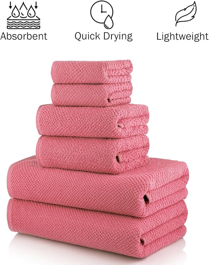 CASA COPENHAGEN Popcorn Textured 6 Pieces Towel Set- Pink, 550 GSM 2 Bath Towel 2 Hand Towel 2 Washcloth, Rough & Tough Use Cotton Towels Gift Set for Bathroom