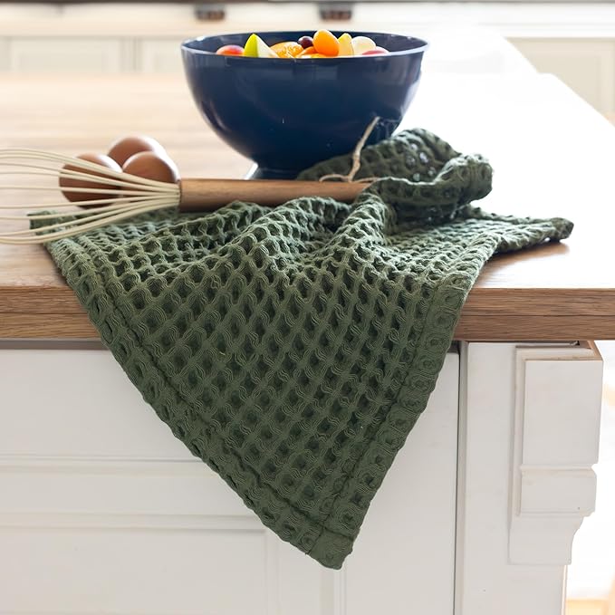 Waffle Washcloths Set of 8 Green - Premium Quality 100% Turkish Cotton Face Washcloth, Soft Makeup Towel, Shower Cloth, Kitchen Towel (Dark Green, Set of 8 Washcloths)