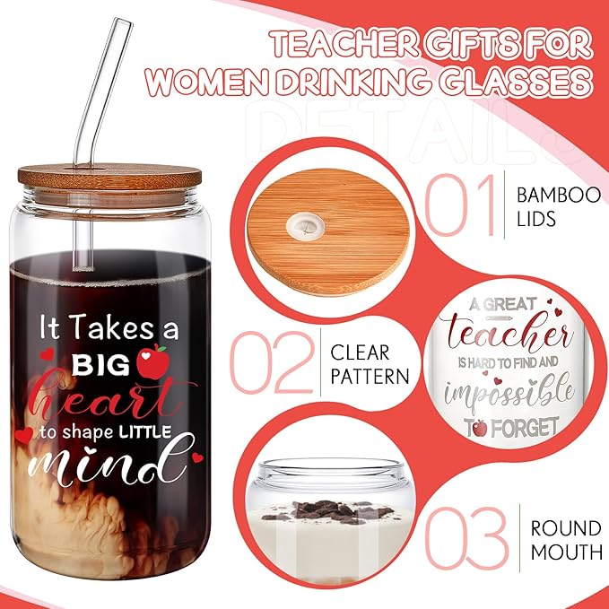 4 Pcs 16 oz Christmas Teacher Gifts for Women Teacher Appreciation Gifts Thank You Coffee Cup Tumbler Drinking Glass Beer Cups with Bamboo Lids Glass Straw Cleaning Brush for Employee Staff(Classic)