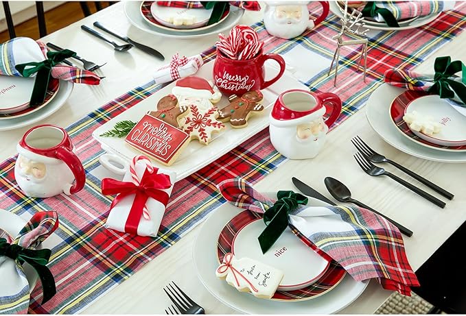 Solino Home Linen Stewart Plaid Table Runner 120 Inches Long - 100% Pure Linen White Tartan Plaid Table Runner 14 x 120 Inch for Dining, Holiday, New Year