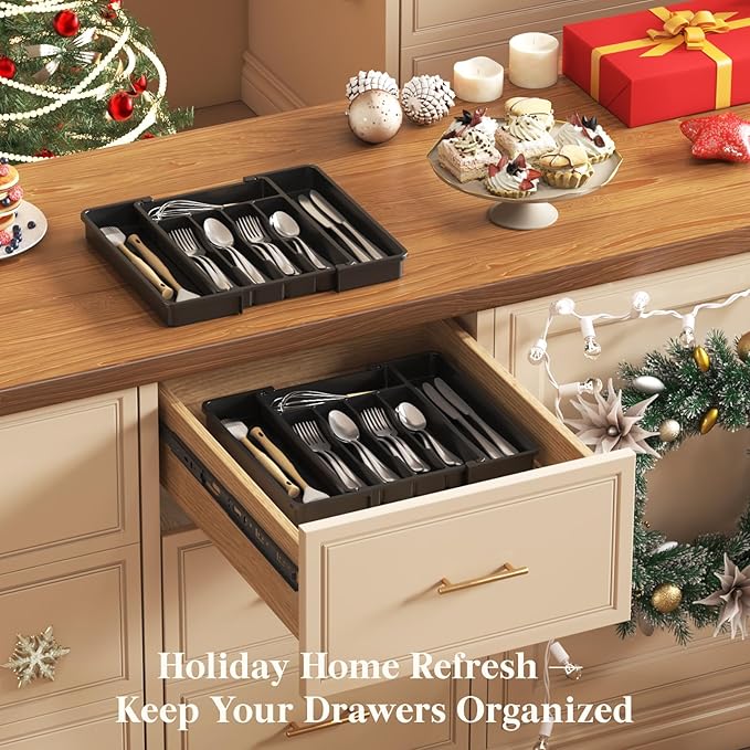 Lifewit Silverware Drawer Organizer, Expandable Utensil Tray for Kitchen, BPA Free Flatware and Cutlery Holder, Adjustable Plastic Storage for Spoons Forks Knives, 8.5"-14.1" x 12.1", Black