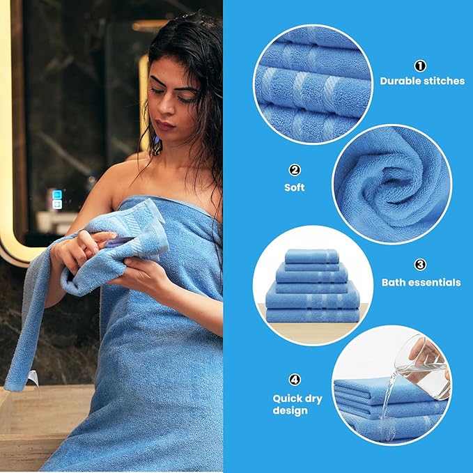 Sky Blue Towel Set, Pack of 6 – 100% Ringspun Cotton, Soft, Quick-Dry & Highly Absorbent | 2 Bath Towels, 2 Hand Towels & 2 Face Towels for Bathroom & Guest Use