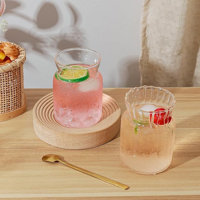 Koythin 2-Piece Ribbed Glass Cups, Vintage Drinking Glassware for Iced Coffee Juice Cocktails Milk Tea Beer, 14 oz/420 ml Cute Bubble Cup with Rounded (Bottle Chubby)
