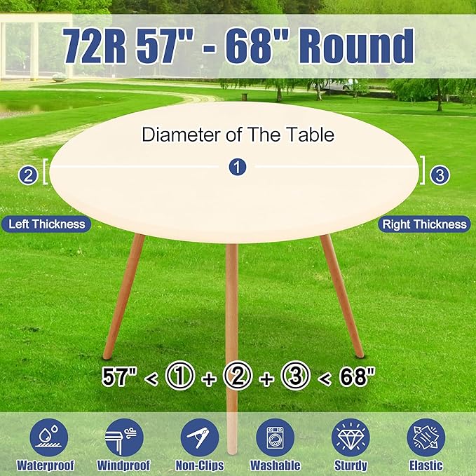 Round Spandex Tablecloth, Elastic Fitted Waterproof Tablecloths for 57"-68" Tables, Stretch Washable Picnic Table Cover for Camping, Dining, Indoor and Outdoor, Beige
