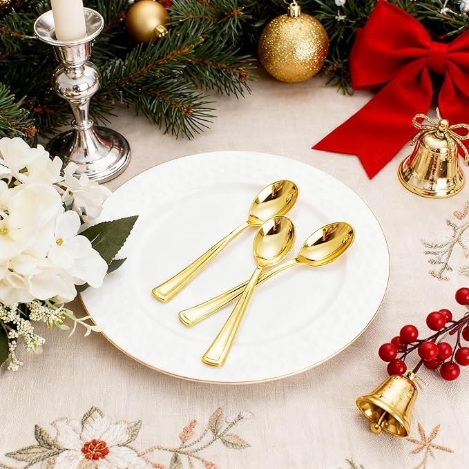 WDF 100 Pack Gold Plastic Spoons Disposable - Durable Heavy Duty 6.9 Inch Gold Spoons, Heat Resistant Modern Disposable Spoons Perfect for Christmas Parties, Wedding, Banquets