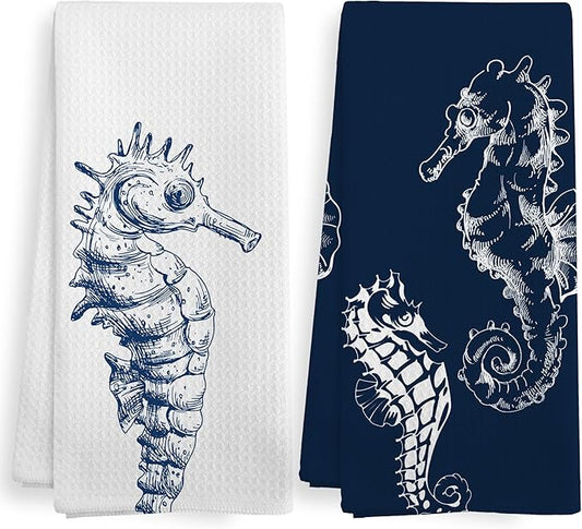 Coastal Seahorse Beach Decor Dish Hand Tea Towels for Bathroom Kitchen, Blue Seahorse Ocean Nautical Beachy Bathroom Decor, Coastal Nautical Kitchen Towels and Dishcloths Sets of 2, 16x24Inch