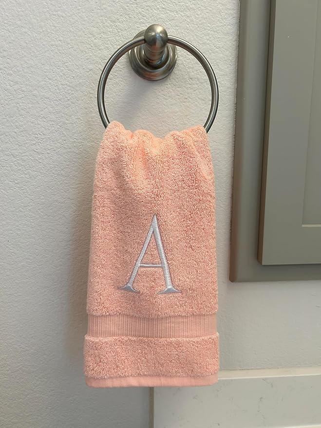 Pink Initial Hand Towel for Bathroom - Monogrammed Luxury Hotel Quality Decorative Embroidered Towel for Powder Room, Spa - GOTS Organic Certified - Set of 2 Letter G