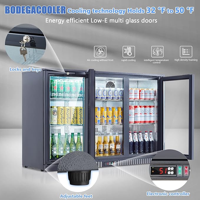 BODEGA BODEGACOOLER Commercial Bar Cooler With 3 Glass Doors,11.4 Cu.Ft Under Counter Beverage Refrigerator,Back Bar Refrigerator,Commercial Display Drink Fridge,LED Lighting Beer Wine Soda Drinks