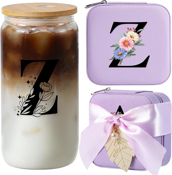AYGXU glass cups with lids and straws,Tumblers with Brushes,Small Jewelry Organizer Box,Birthday Gifts for Women,Travel Gifts for Girls,high school graduation gifts for her,Initial Z purple