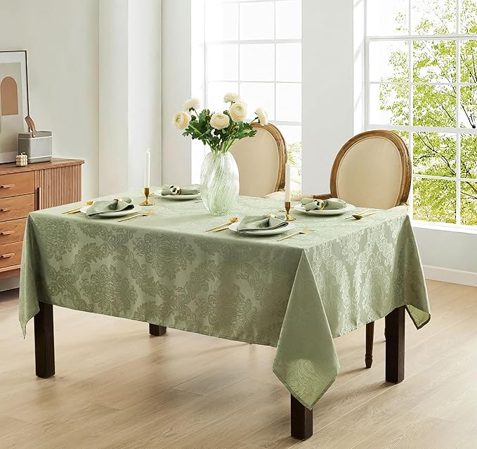Newbridge Christmas Barcelona Damask Fabric Tablecloth, 60 x 84 Inch Oval, Sage Green – No Iron, Soil Resistant Table Cover for Dining, Parties and Holidays