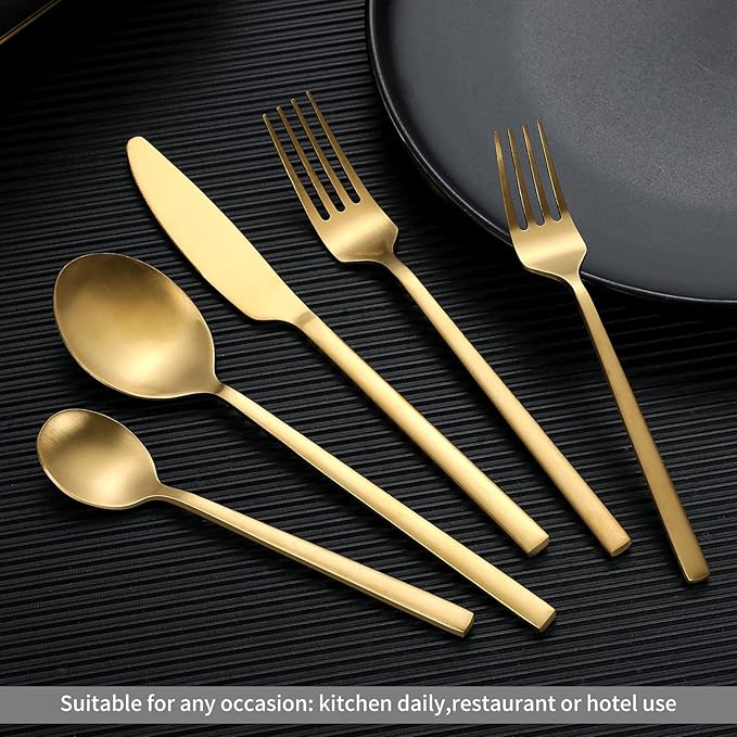40-Piece Gold Silverware Set, Rectangular Flatware Set for 8, Matte Stainless Steel Cutlery Set, Food-Grade Utensils Set, for Home Kitchen Restaurant, Dishwasher Safe