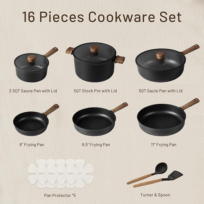 CAROTE Nonstick Pots and Pans, Induction Cookware Set Kitchen Cooking Sets, Non Stick w/Frying Pan (PFOS, PFOA Free), Black, 16pcs