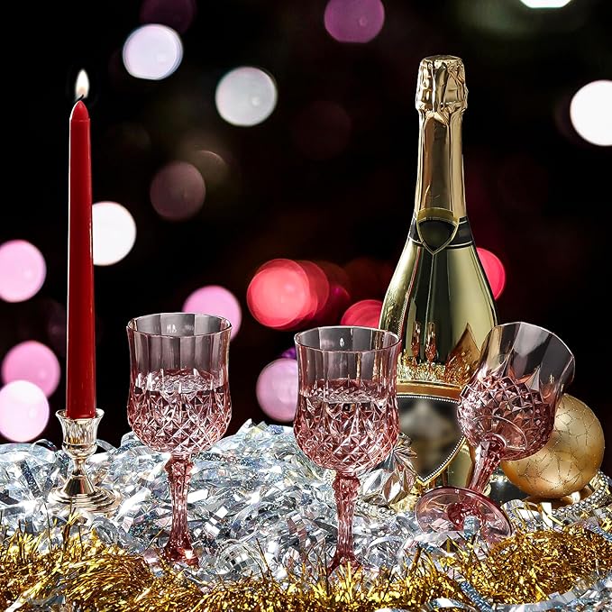 XUWAIDSGN 24 Pcs 7oz Plastic Vintage Wine Glasses Drinking Glasses Unbreakable Wedding Glassware Crystal Water Goblets Reusable Drinkware Vintage Champagne Flutes (24, Rose Gold)