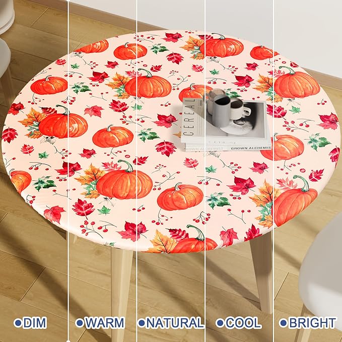 Round Spandex Thanksgiving Tablecloth, Elastic Fitted Waterproof Tablecloths for 36"-44" Tables, Stretch Washable Picnic Table Cover for Autumn Harvest Parties, Pumpkin Leaf