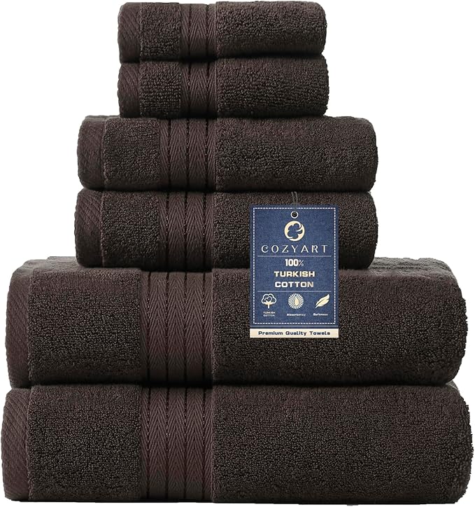 COZYART Brown Bath Towel Set, Cotton Hotel Large Towel Bulk for Bathroom, Thick Bathroom Sets of 6 with 2 Bath Towels, 2 Hand Towels, 2 Washcloths, 650 GSM