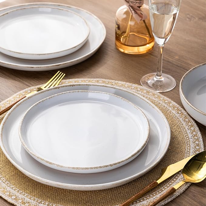 AmorArc Ceramic Dinnerware Sets with Pasta Bowls for 4, Handpainted Plates and Bowls Set with Rustic Terracotta Underside, Scratch Resistant Dishes Set, Dishwasher & Microwave Safe, 16 Pcs-White