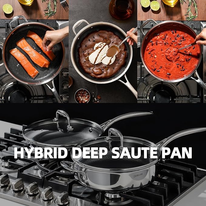 Deluxe 13 Piece Hybrid Ceramic Nonstick Stainless Steel Cookware Set-5 Piece Frying Pan Set, 6 PC Pot Set, 3.7QT Deep Sauté Pan&Lid, Induction Ready, Stay Cool, PFOA Free Compatible with All Cooktops