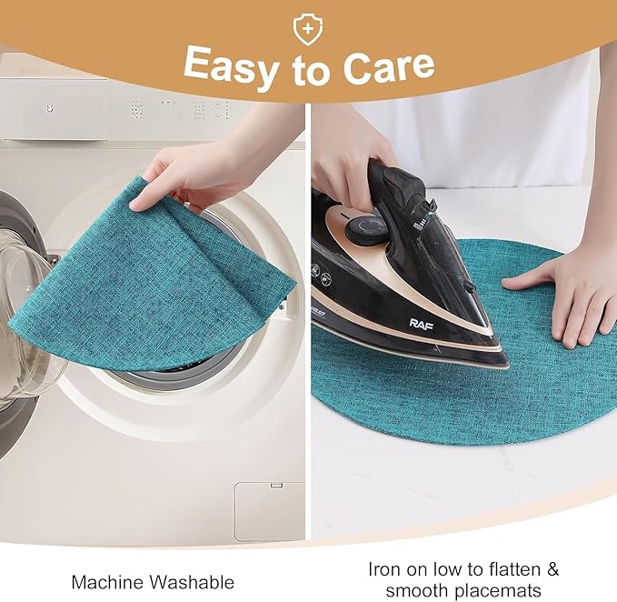 homing 15 Inch Round Cloth Placemats Set of 4, Cotton Linen Blend Washable Table Mats, Farmhouse Dining Place Mats for Indoors & Outdoors, Easy to Clean, Teal