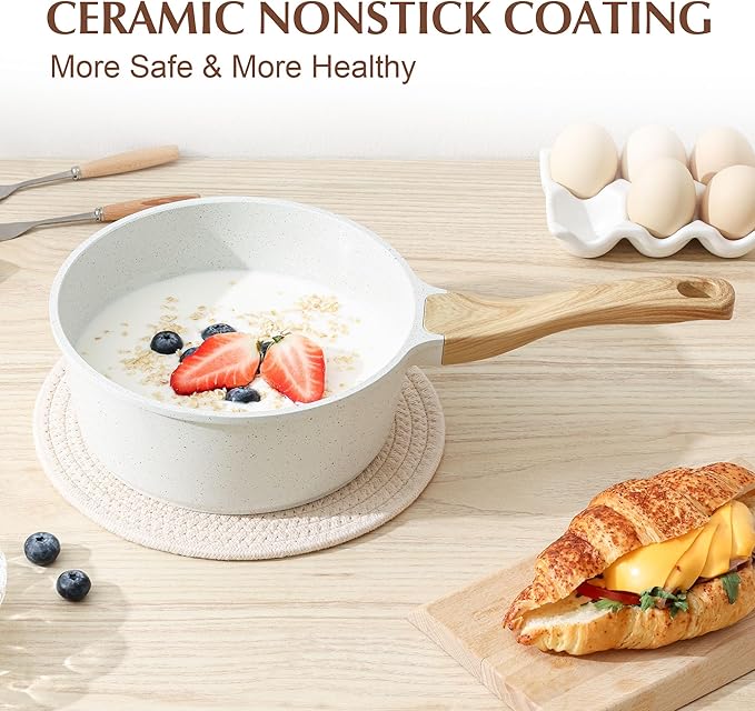 SENSARTE White Ceramic Nonstick Saucepan with Lid Set, Small Cooking Pot with Stay Cool Handle, Induction Compatible Saucepot, White Granite Coating, PFOA/PFAS Free, 2.0 + 2.5QT