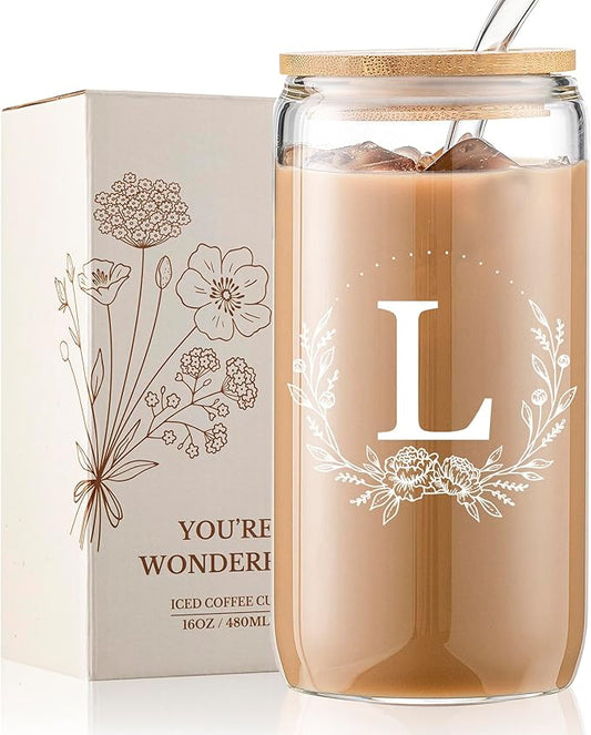 Personalized Gifts for Women, Monogrammed 16oz Glass Cups with Bamboo Lids and Straws, Customized Glass Tumbler, Cute Custom Mug, Customizable Initial Iced Coffee Glasses, Birthday Bridesmaid Mom, L