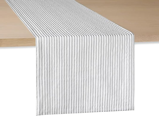 Kate Spade New York Hand Painted Shirting Stripe Reversible Table Runner, 100% Cotton with Metallic Print, Silver/White, 15"x72"