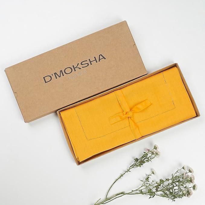 D'Moksha Homes Linen Sunflower Yellow Table Runner 120 Inches Long - 100% Pure Linen Hemstitch 14 x 120 Inch Table Runner for Dining, Winter, Holiday, New Year - Classic Hemstitch